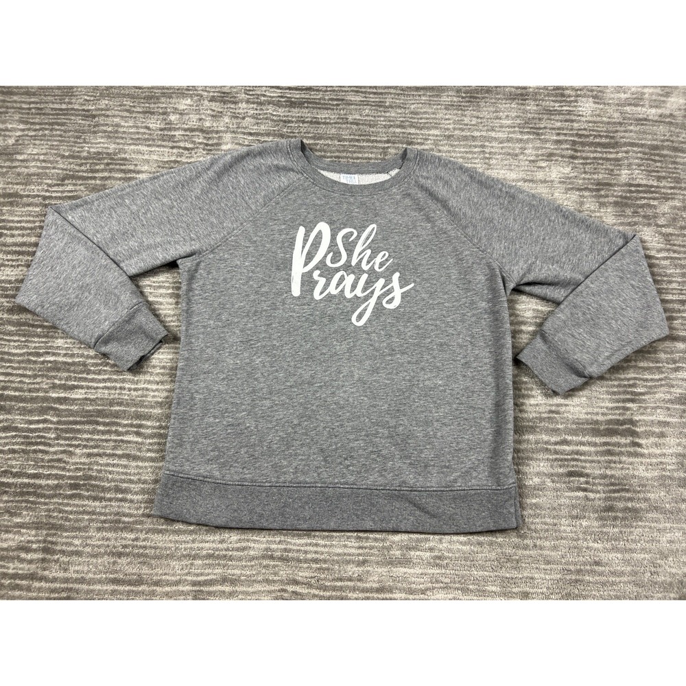 Time and Tru Sweatshirt Womens M 8-10 Grey She Prays Graphic Raglan Crew Neck